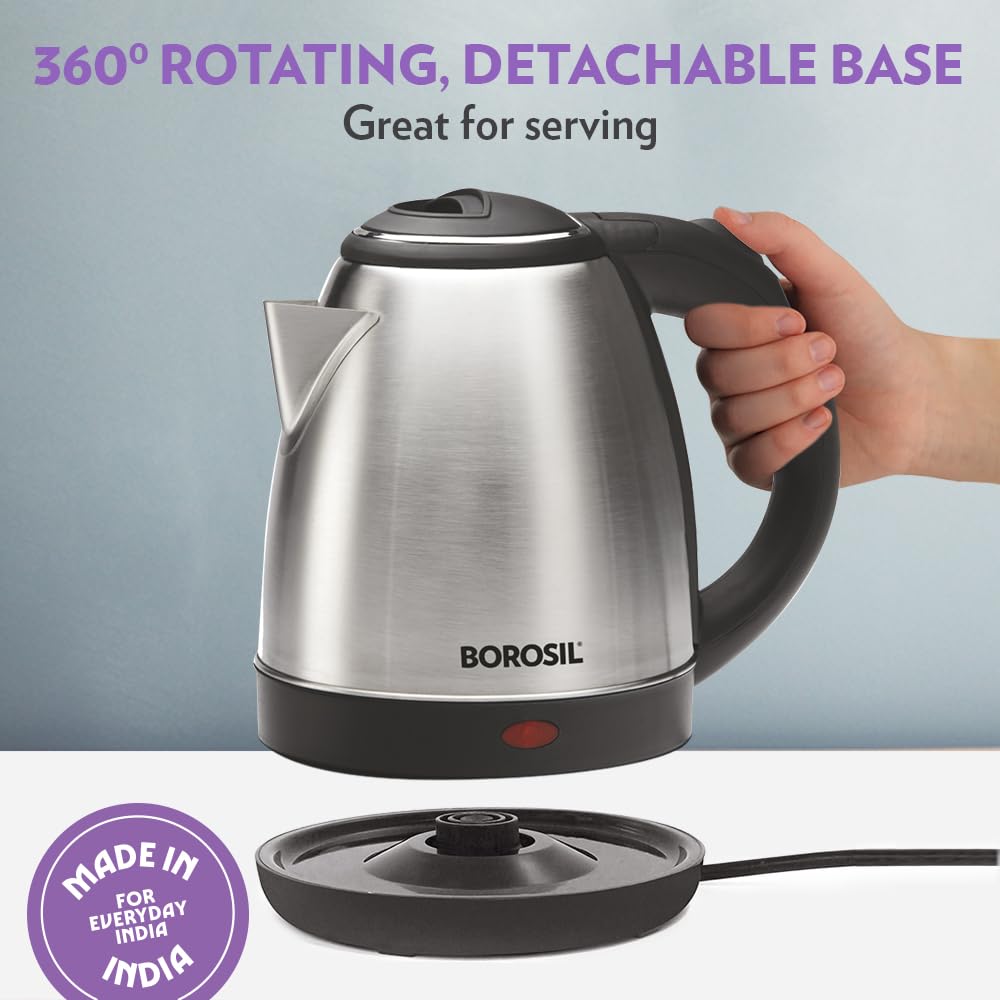 Borosil 1.5L 1350W Stainless Steel Rio Electric Kettle | Boil Water for Tea/Coffee/Soup/Noodles |Water Heater Jug | Auto Cut-off, Overheat & Dry Boil Protection | Multipurpose Kettle | 1 Year Warranty 