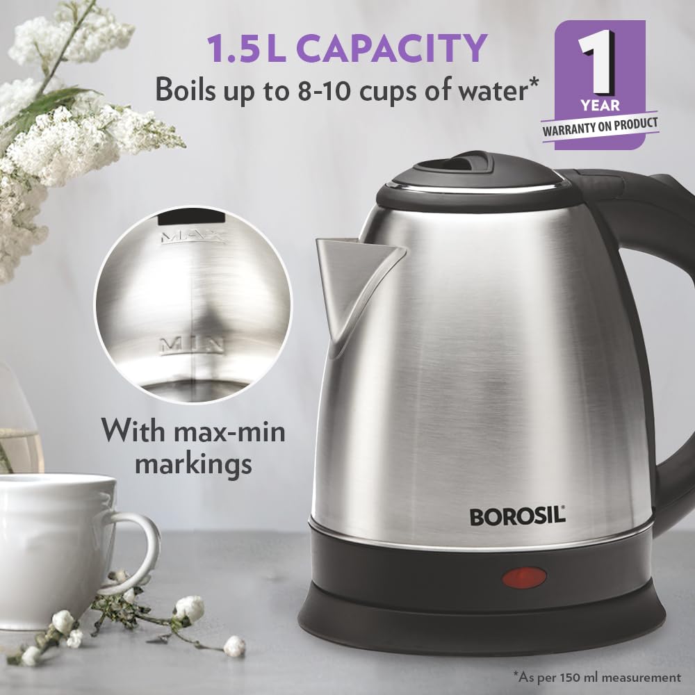 Borosil 1.5L 1350W Stainless Steel Rio Electric Kettle | Boil Water for Tea/Coffee/Soup/Noodles |Water Heater Jug | Auto Cut-off, Overheat & Dry Boil Protection | Multipurpose Kettle | 1 Year Warranty 