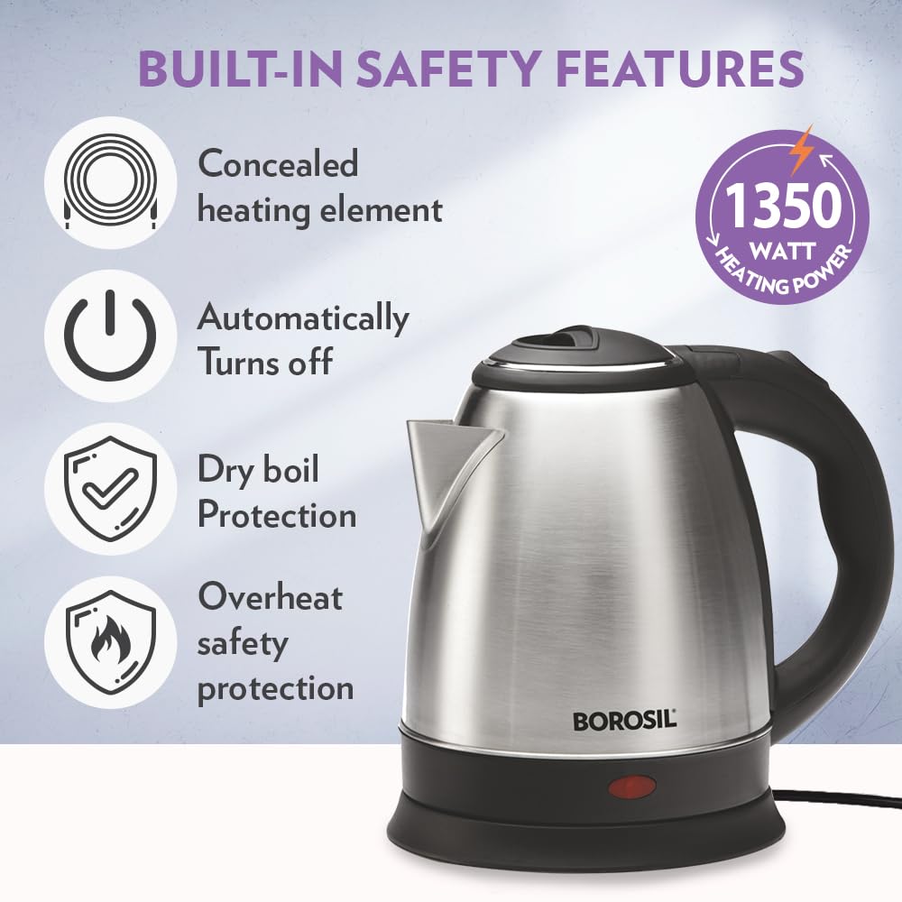 Borosil 1.5L 1350W Stainless Steel Rio Electric Kettle | Boil Water for Tea/Coffee/Soup/Noodles |Water Heater Jug | Auto Cut-off, Overheat & Dry Boil Protection | Multipurpose Kettle | 1 Year Warranty 