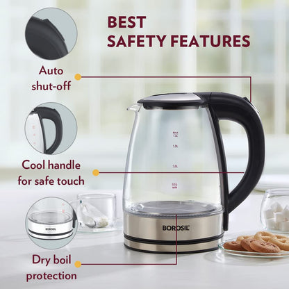Borosil Electric Glass Kettle, Borosilicate Glass, Extra Long Cord, Dry-boil Protection, 360° Rotating Base, 1.8 L, Transparent 
