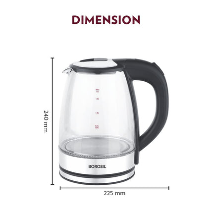 Borosil Electric Glass Kettle, Borosilicate Glass, Extra Long Cord, Dry-boil Protection, 360° Rotating Base, 1.8 L, Transparent 