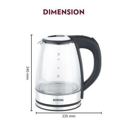 Borosil Electric Glass Kettle, Borosilicate Glass, Extra Long Cord, Dry-boil Protection, 360° Rotating Base, 1.8 L, Transparent 