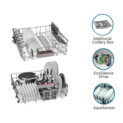 Bosch 13 Place Settings, Free Standing Dishwasher (SMS66GI01I, Silver Inox), extra dry and hygienic wash 