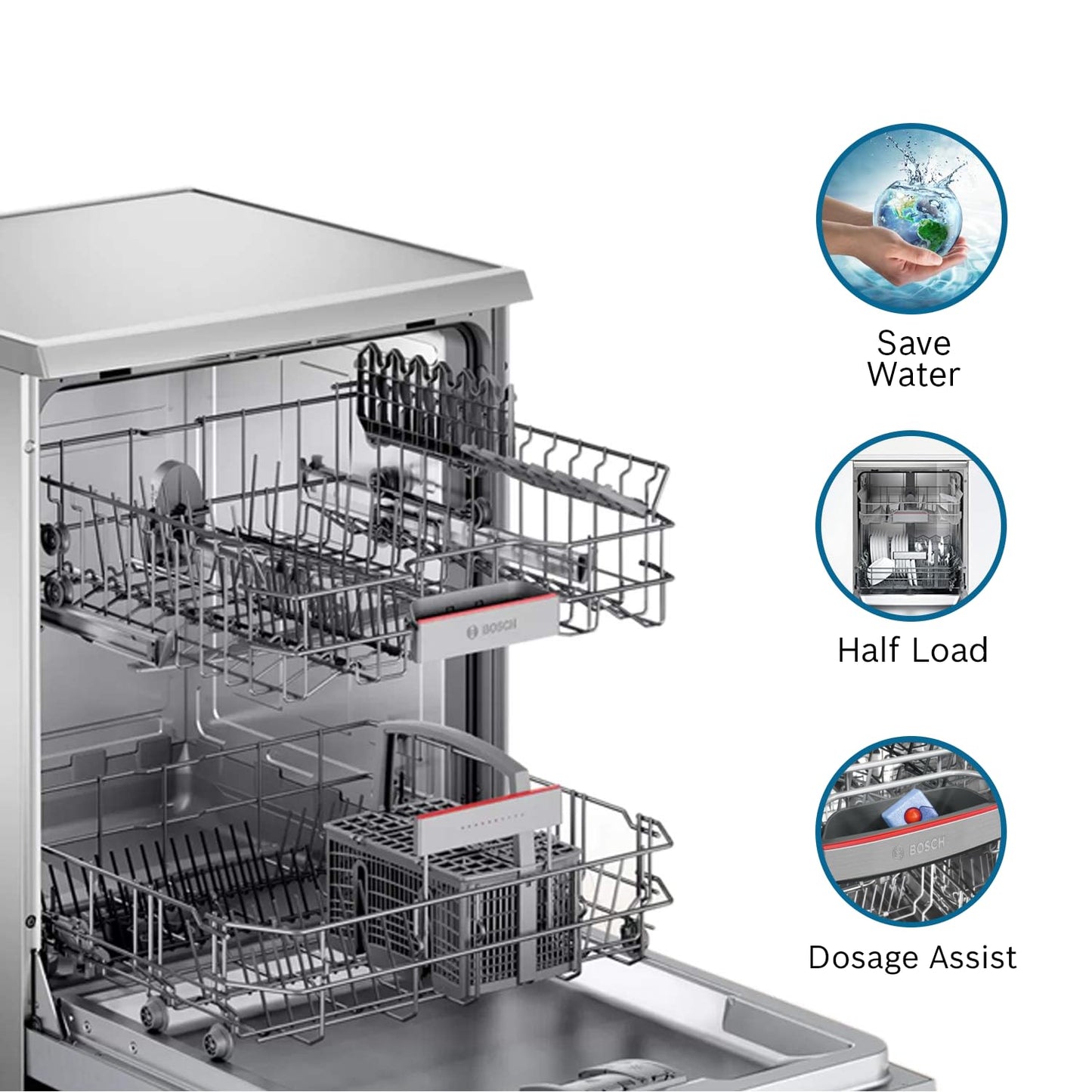 Bosch 13 Place Settings, Free Standing Dishwasher (SMS66GI01I, Silver Inox), extra dry and hygienic wash 