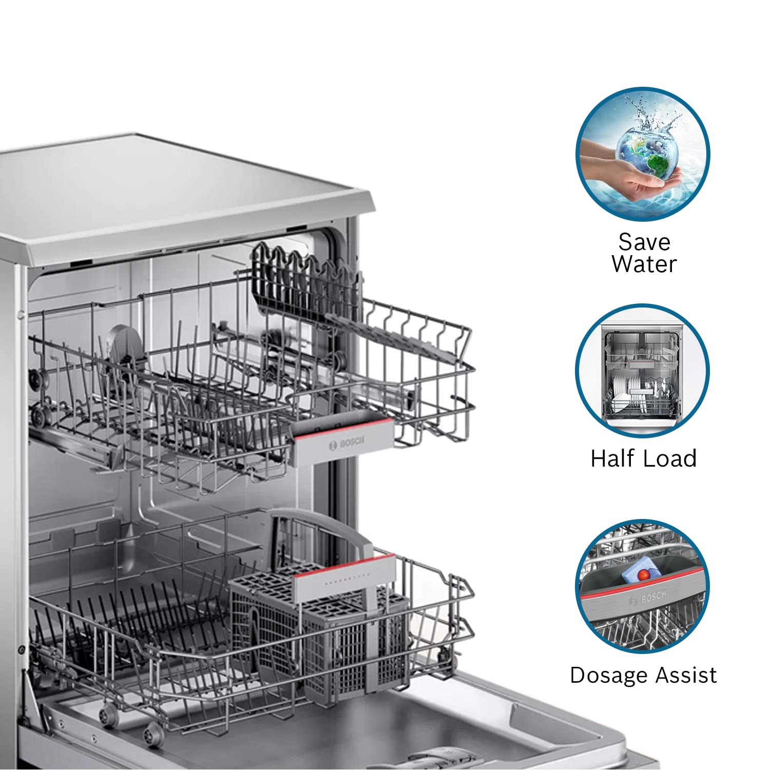 Bosch 13 Place Settings, Free Standing Dishwasher (SMS66GI01I, Silver Inox), extra dry and hygienic wash 