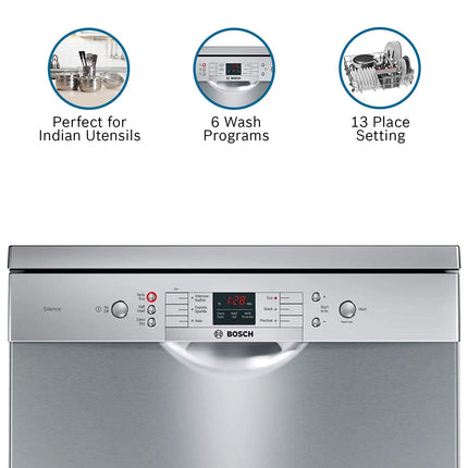 Bosch 13 Place Settings, Free Standing Dishwasher (SMS66GI01I, Silver Inox), extra dry and hygienic wash 