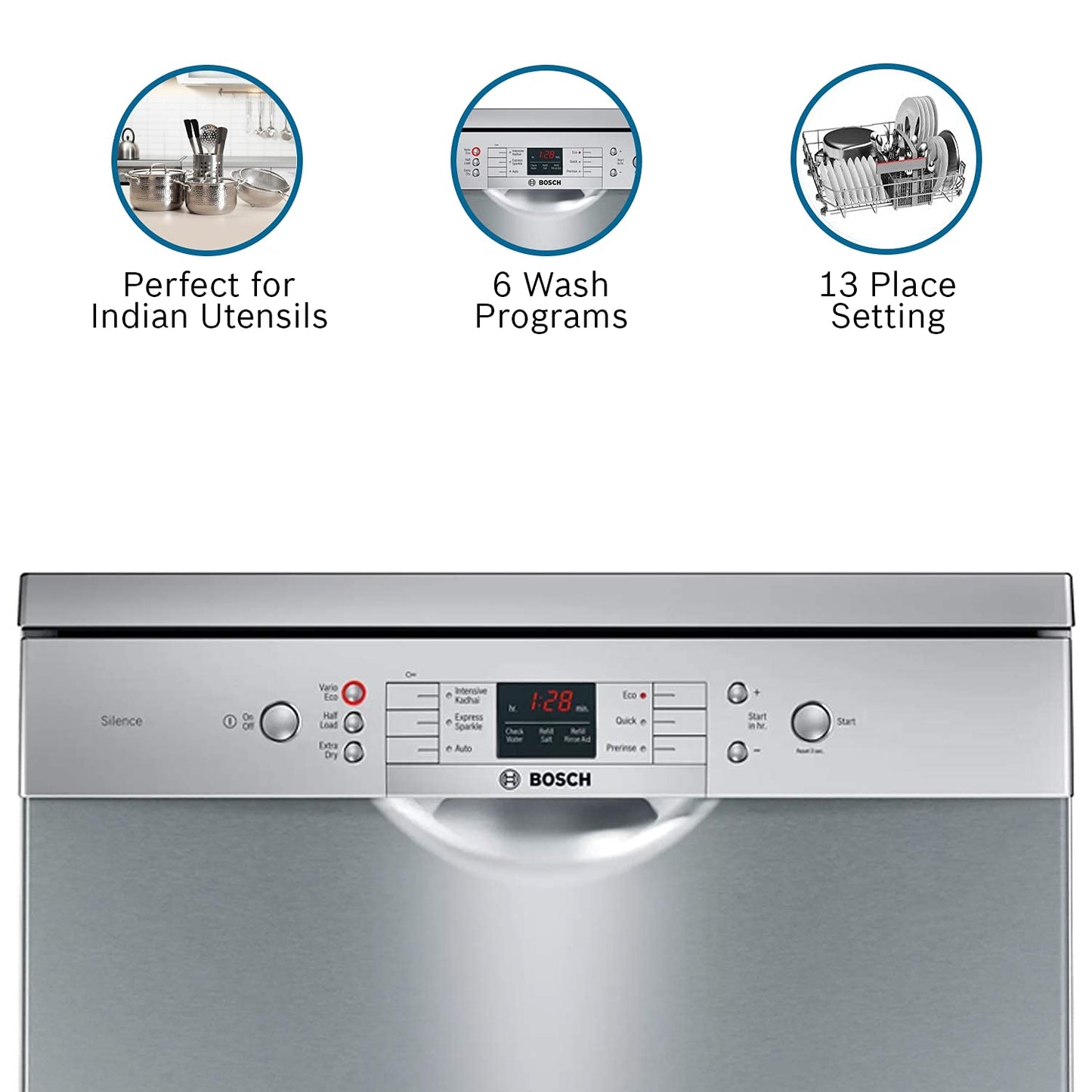 Bosch 13 Place Settings, Free Standing Dishwasher (SMS66GI01I, Silver Inox), extra dry and hygienic wash 