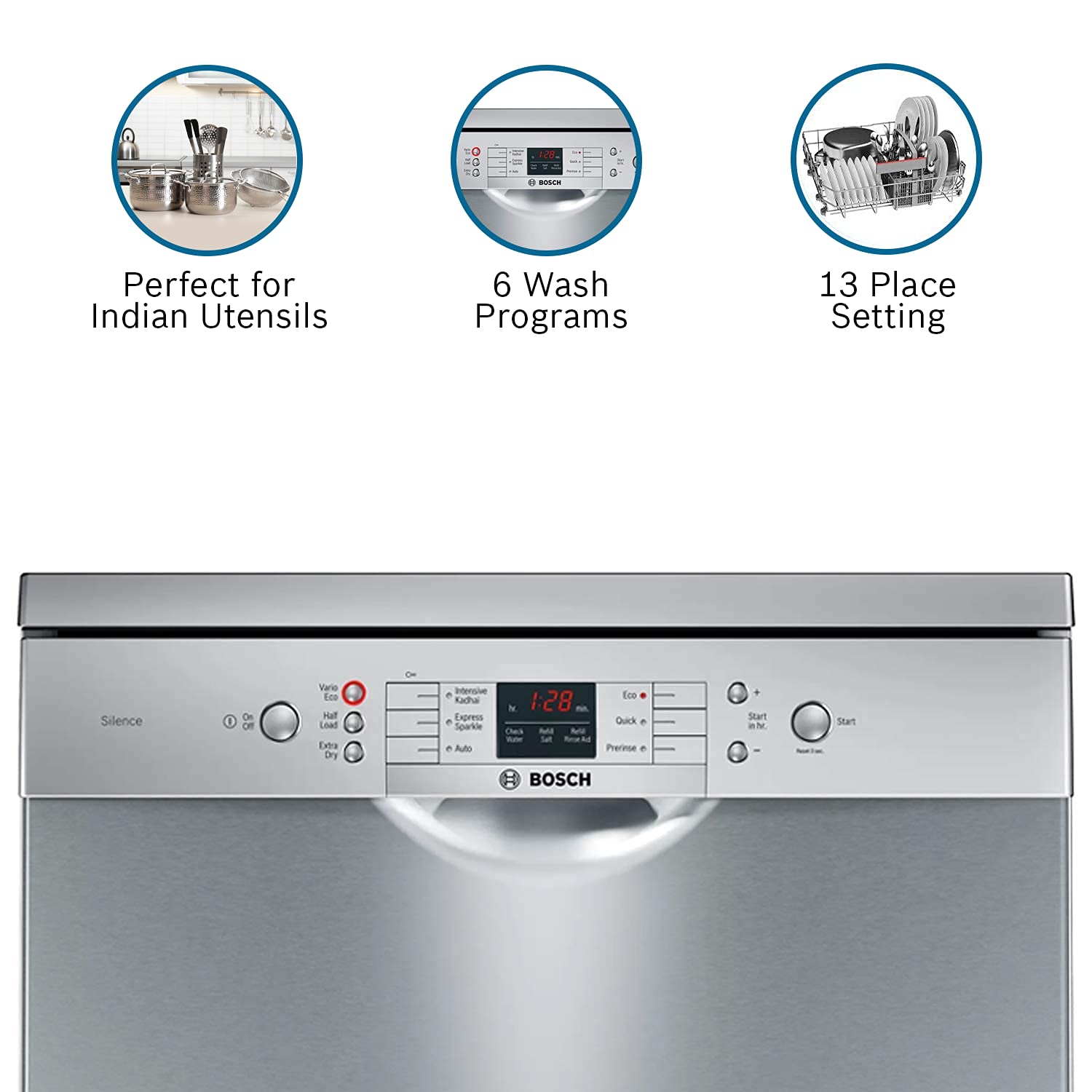 Bosch 13 Place Settings, Free Standing Dishwasher (SMS66GI01I, Silver Inox), extra dry and hygienic wash 