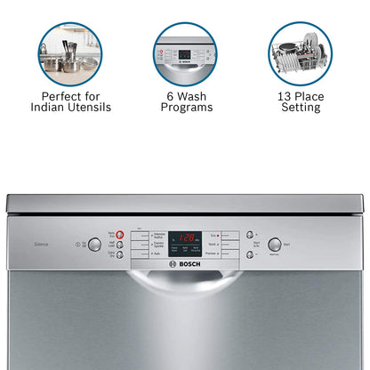 Bosch 13 Place Settings, Free Standing Dishwasher (SMS66GI01I, Silver Inox), extra dry and hygienic wash 