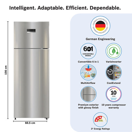 Bosch 243L 3star Frost free Refrigerator Appliance CTC27S031I (Convertible,Silver Inox) 