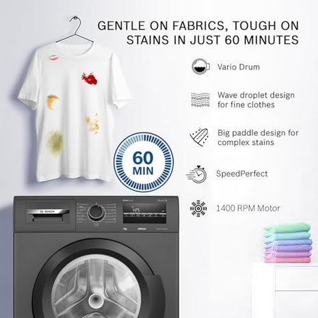 Bosch 7 kg 5 Star Fully-Automatic Front Loading Washing Machine (WAJ24209IN, Black, AI active water plus, In-Built Heater, BLDC Inverter motor, Steam) 