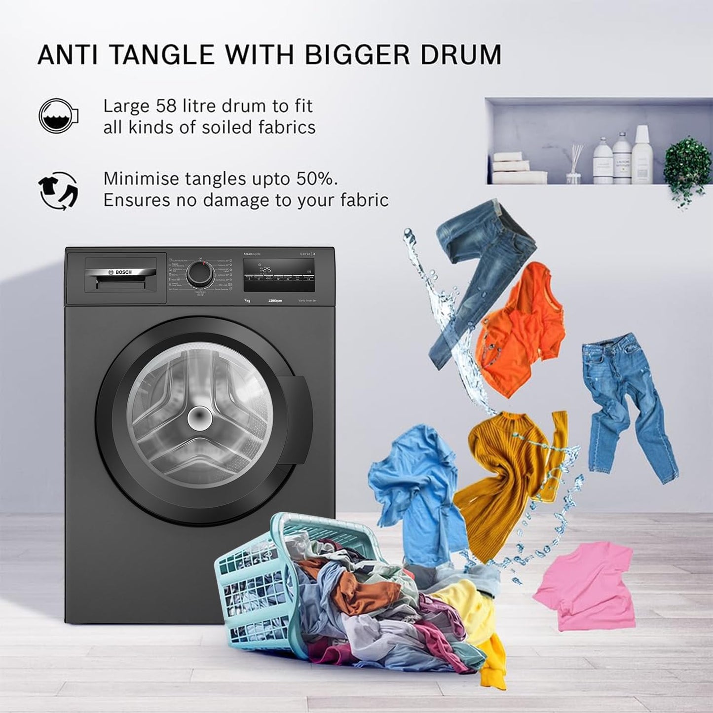 Bosch 7 kg 5 Star Fully-Automatic Front Loading Washing Machine (WAJ24209IN, Black, AI active water plus, In-Built Heater, BLDC Inverter motor, Steam) 