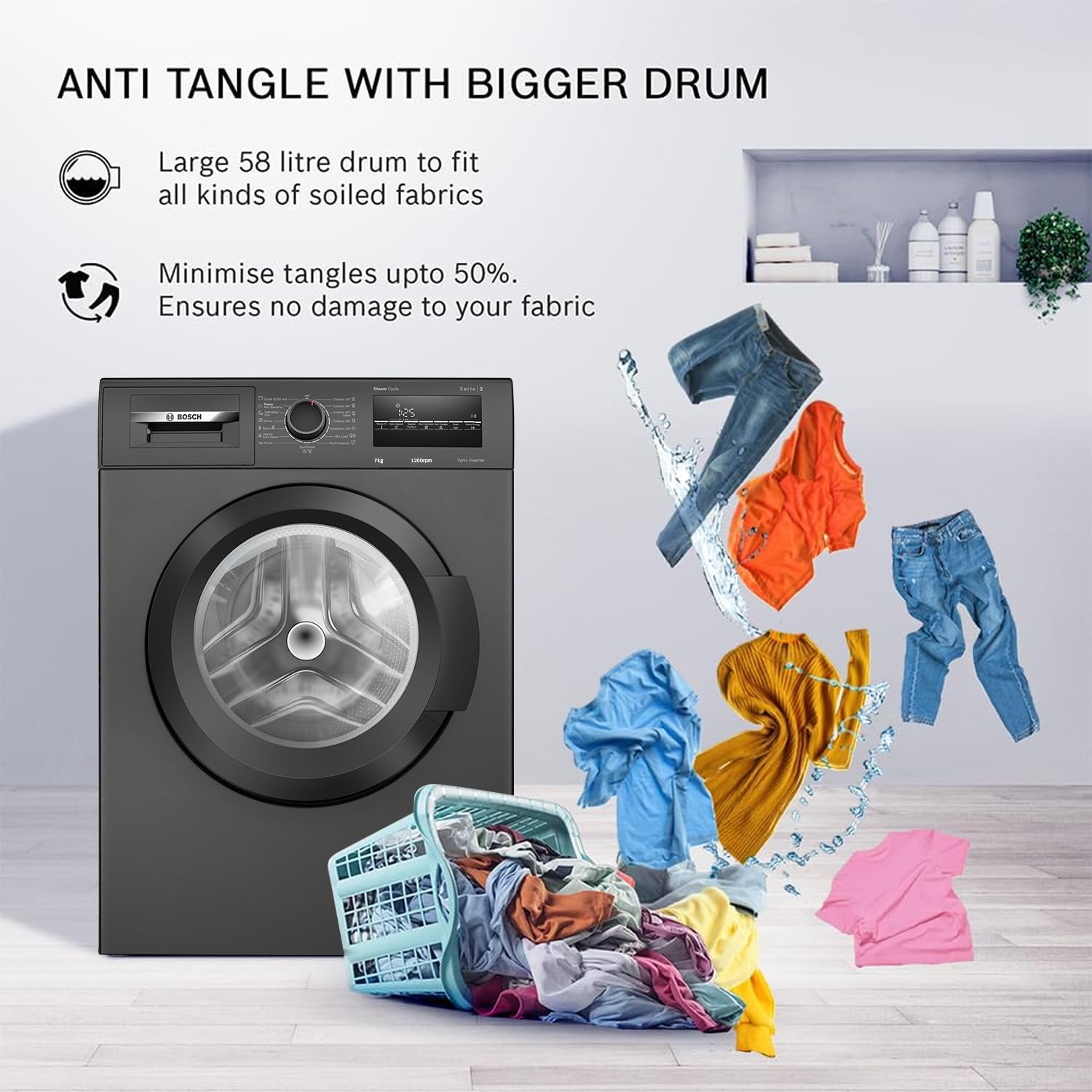 Bosch 7 kg 5 Star Fully-Automatic Front Loading Washing Machine (WAJ24209IN, Black, AI active water plus, In-Built Heater, BLDC Inverter motor, Steam) 