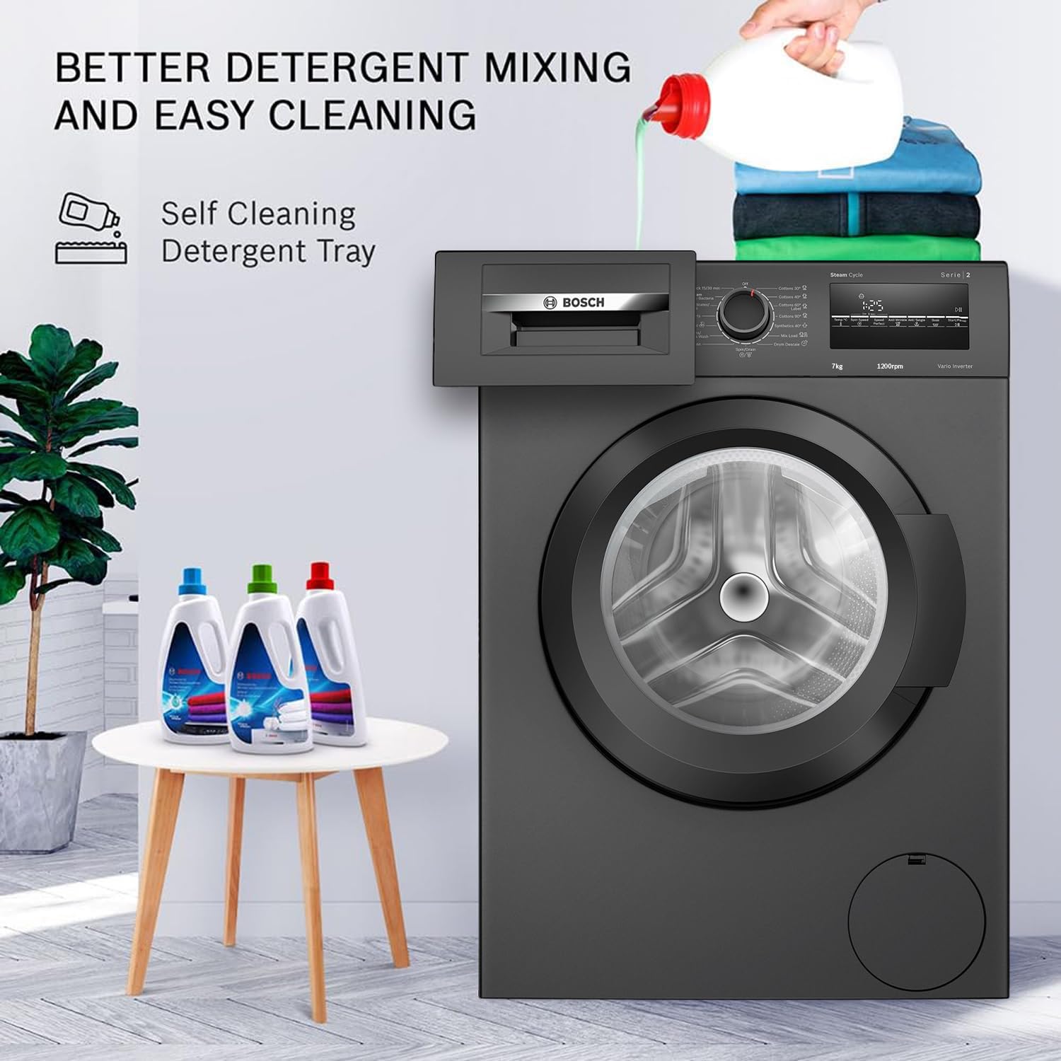 Bosch 7 kg 5 Star Fully-Automatic Front Loading Washing Machine (WAJ24209IN, Black, AI active water plus, In-Built Heater, BLDC Inverter motor, Steam) 