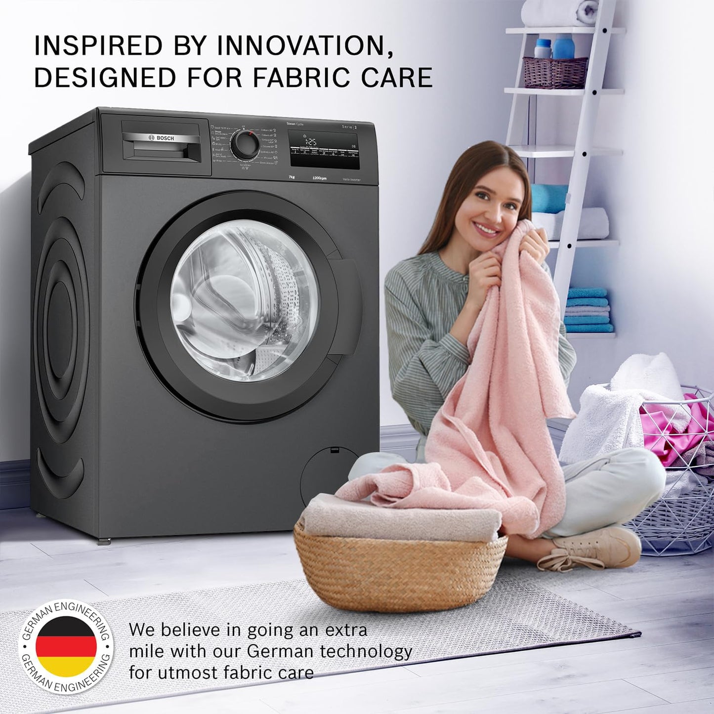 Bosch 7 kg 5 Star Fully-Automatic Front Loading Washing Machine (WAJ24209IN, Black, AI active water plus, In-Built Heater, BLDC Inverter motor, Steam) 