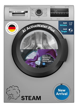 Bosch 8 kg 5 Star Fully-Automatic Front Loading Washing Machine (WAJ2826BIN, Shiny Silver, AI active water plus, In-Built Heater) 
