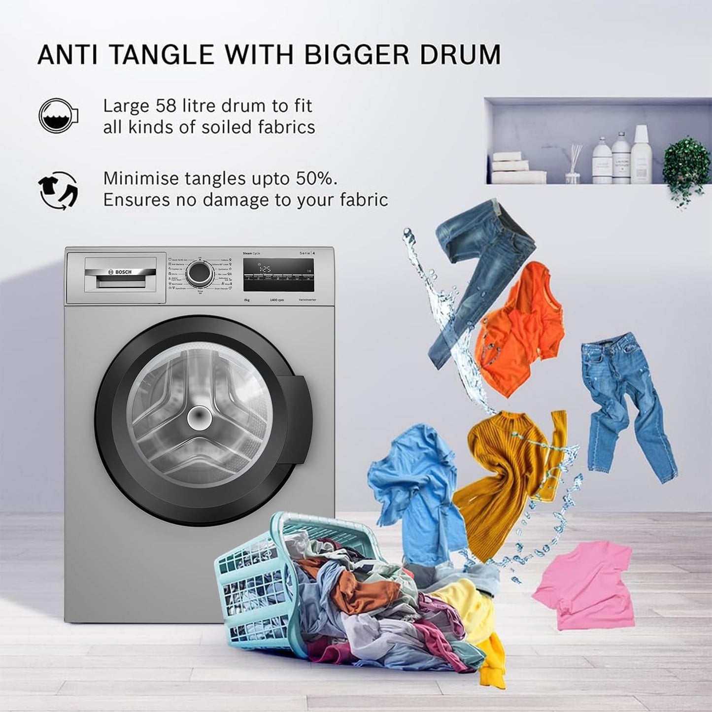 Bosch 8 kg 5 Star Fully-Automatic Front Loading Washing Machine (WAJ2826BIN, Shiny Silver, AI active water plus, In-Built Heater) 