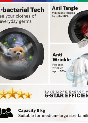 Bosch 8KG 5 Star Fully-Automatic Front Loading Washing Machine (WAJ28260IN,White,AI Active Water Plus,In-Built Heater) 