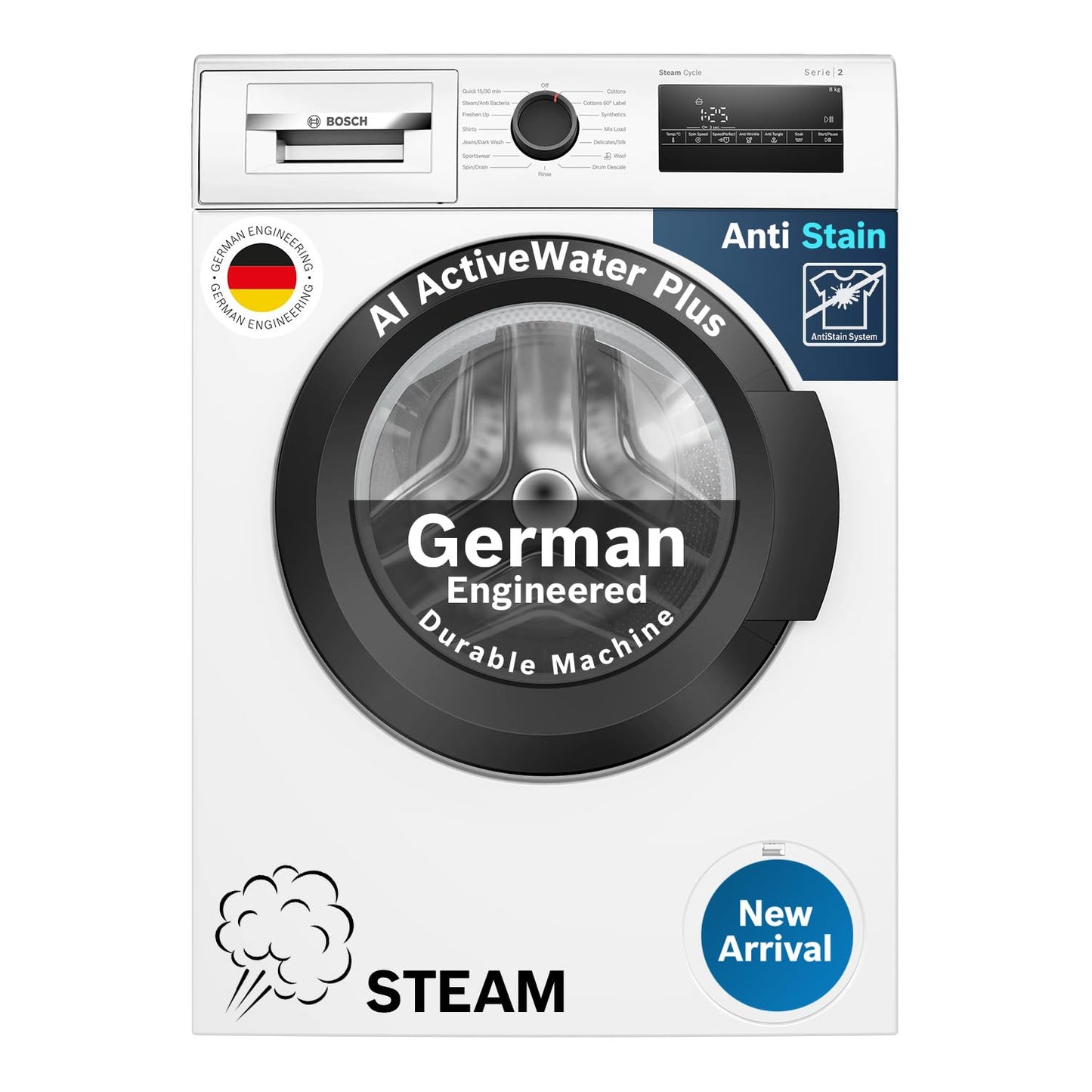 Bosch 8KG 5 Star Fully-Automatic Front Loading Washing Machine (WAJ28260IN,White,AI Active Water Plus,In-Built Heater) 