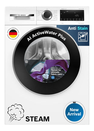 Bosch 9kg 5 Star Anti Stain & AI Active Water Plus Fully Automatic Front Load Washing Machine with Built in Heater (WGA14200IN, Pretreatment & Steam with Anti Bacteria and 5 Star Inverter, White) 