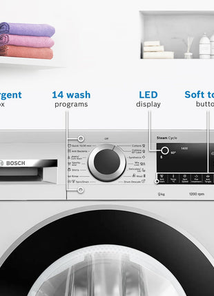 Bosch 9kg 5 Star Anti Stain & AI Active Water Plus Fully Automatic Front Load Washing Machine with Built in Heater (WGA14200IN, Pretreatment & Steam with Anti Bacteria and 5 Star Inverter, White) 