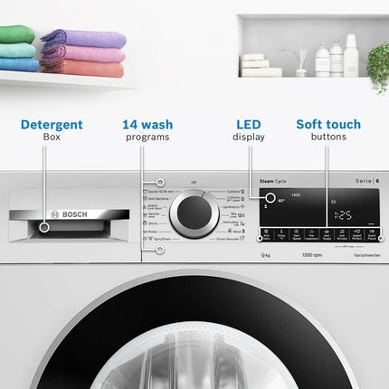 Bosch 9kg 5 Star Anti Stain & AI Active Water Plus Fully Automatic Front Load Washing Machine with Built in Heater (WGA14200IN, Pretreatment & Steam with Anti Bacteria and 5 Star Inverter, White) 