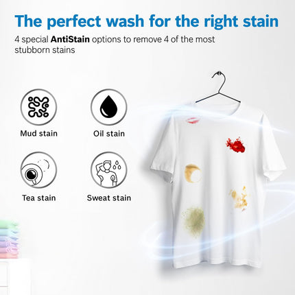 Bosch 9kg 5 Star Anti Stain & AI Active Water Plus Fully Automatic Front Load Washing Machine with Built in Heater (WGA14200IN, Pretreatment & Steam with Anti Bacteria and 5 Star Inverter, White) 