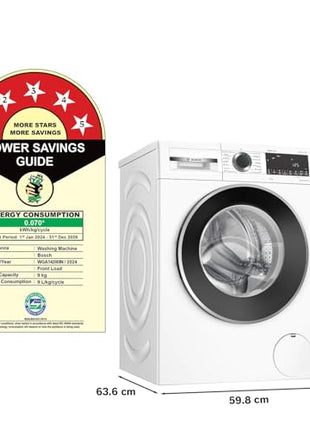 Bosch 9kg 5 Star Anti Stain & AI Active Water Plus Fully Automatic Front Load Washing Machine with Built in Heater (WGA14200IN, Pretreatment & Steam with Anti Bacteria and 5 Star Inverter, White) 