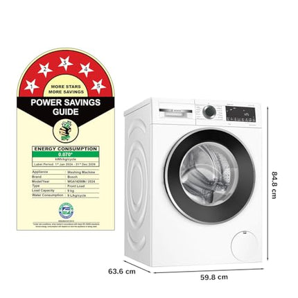 Bosch 9kg 5 Star Anti Stain & AI Active Water Plus Fully Automatic Front Load Washing Machine with Built in Heater (WGA14200IN, Pretreatment & Steam with Anti Bacteria and 5 Star Inverter, White) 