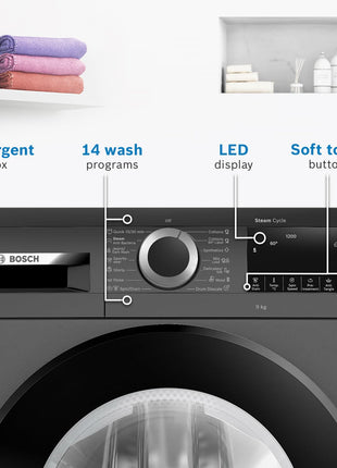 Bosch 9kg 5 Star Anti Stain & AI Active Water Plus Fully Automatic Front Load Washing Machine with Built in Heater (WGA1420TIN, Pretreatment & Steam with Anti Bacteria and 5 Star Inverter, Black Grey) 