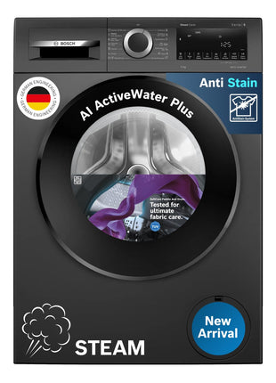 Bosch 9kg 5 Star Anti Stain & AI Active Water Plus Fully Automatic Front Load Washing Machine with Built in Heater (WGA1420TIN, Pretreatment & Steam with Anti Bacteria and 5 Star Inverter, Black Grey) 