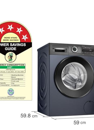 Bosch 9kg 5 Star Anti Stain & AI Active Water Plus Fully Automatic Front Load Washing Machine with Built in Heater (WGA1420TIN, Pretreatment & Steam with Anti Bacteria and 5 Star Inverter, Black Grey) 