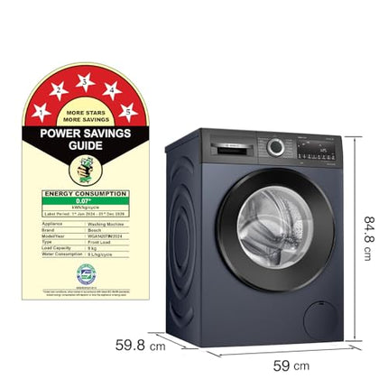 Bosch 9kg 5 Star Anti Stain & AI Active Water Plus Fully Automatic Front Load Washing Machine with Built in Heater (WGA1420TIN, Pretreatment & Steam with Anti Bacteria and 5 Star Inverter, Black Grey) 