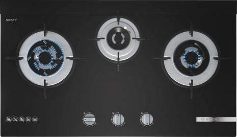 Bosch Built in Gas Hob Black Tempered glass Glass 3 Burner Auto Ignition 70 cm 2 Mini Triple Ring Brass Burner and 1 Double Ring Brass (PMD83D31NX) 