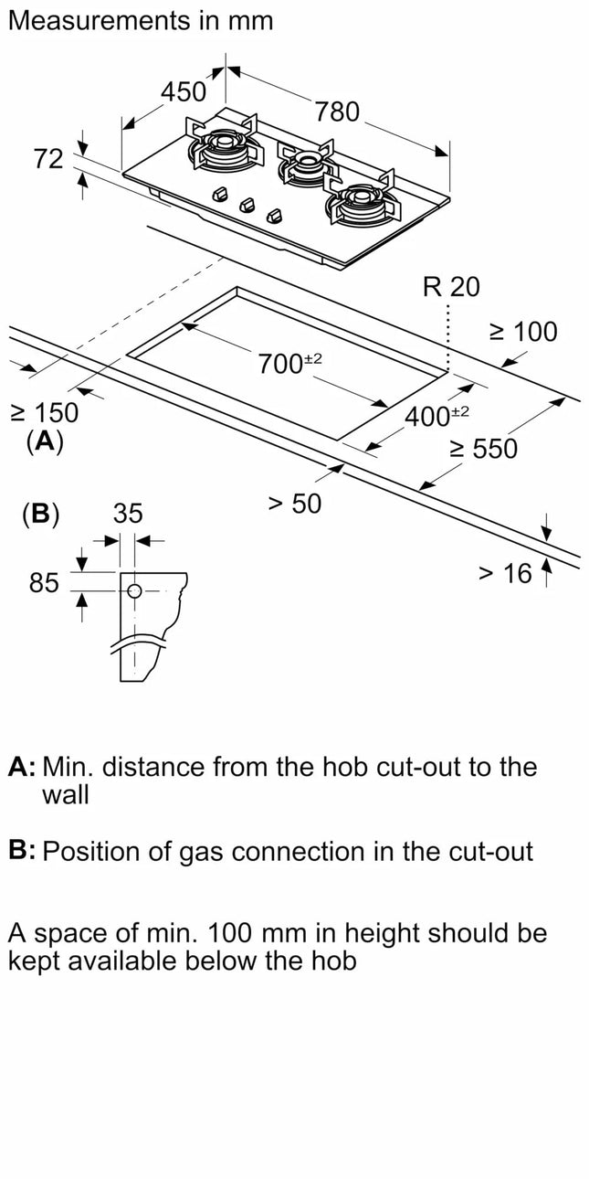 Bosch Built in Gas Hob Black Tempered glass Glass 3 Burner Auto Ignition 70 cm 2 Mini Triple Ring Brass Burner and 1 Double Ring Brass (PMD83D31NX) 