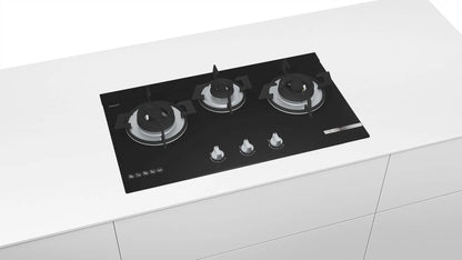 Bosch Built in Gas Hob Black Tempered glass Glass 3 Burner Auto Ignition 70 cm 2 Mini Triple Ring Brass Burner and 1 Double Ring Brass (PMD83D31NX) 