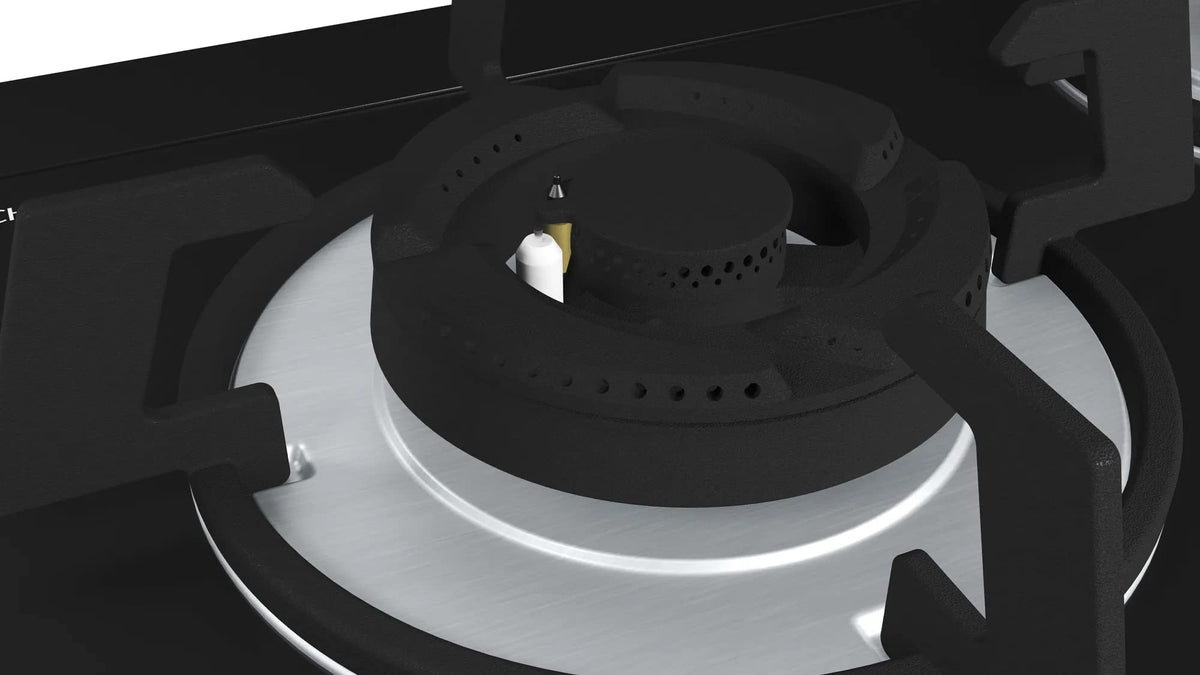 Bosch Built in Gas Hob Black Tempered glass Glass 3 Burner Auto Ignition 70 cm 2 Mini Triple Ring Brass Burner and 1 Double Ring Brass (PMD83D31NX) 