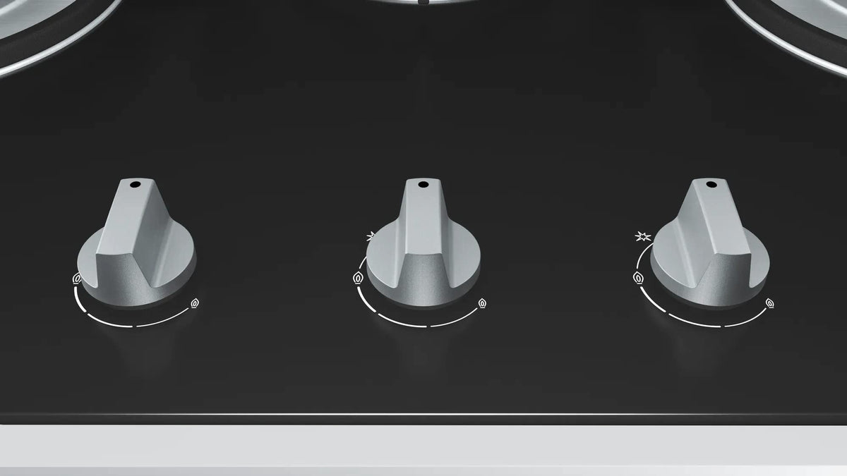Bosch Built in Gas Hob Black Tempered glass Glass 3 Burner Auto Ignition 70 cm 2 Mini Triple Ring Brass Burner and 1 Double Ring Brass (PMD83D31NX) 