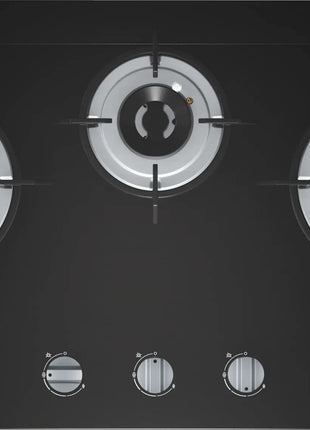 Bosch Built in Gas Hob Black Tempered glass Glass 3 Burner Auto Ignition 70 cm 2 Mini Triple Ring Brass Burner and 1 Double Ring Brass (PMD83D31NX) 