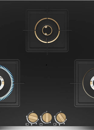 Bosch Built in Gas Hob Black Tempered glass Glass 3 Burner Auto Ignition 75 cm Full Brass 3D Ring Burners with Matt Black Heat Shields & Cast Iron pan supports (PND7B6G20I) 
