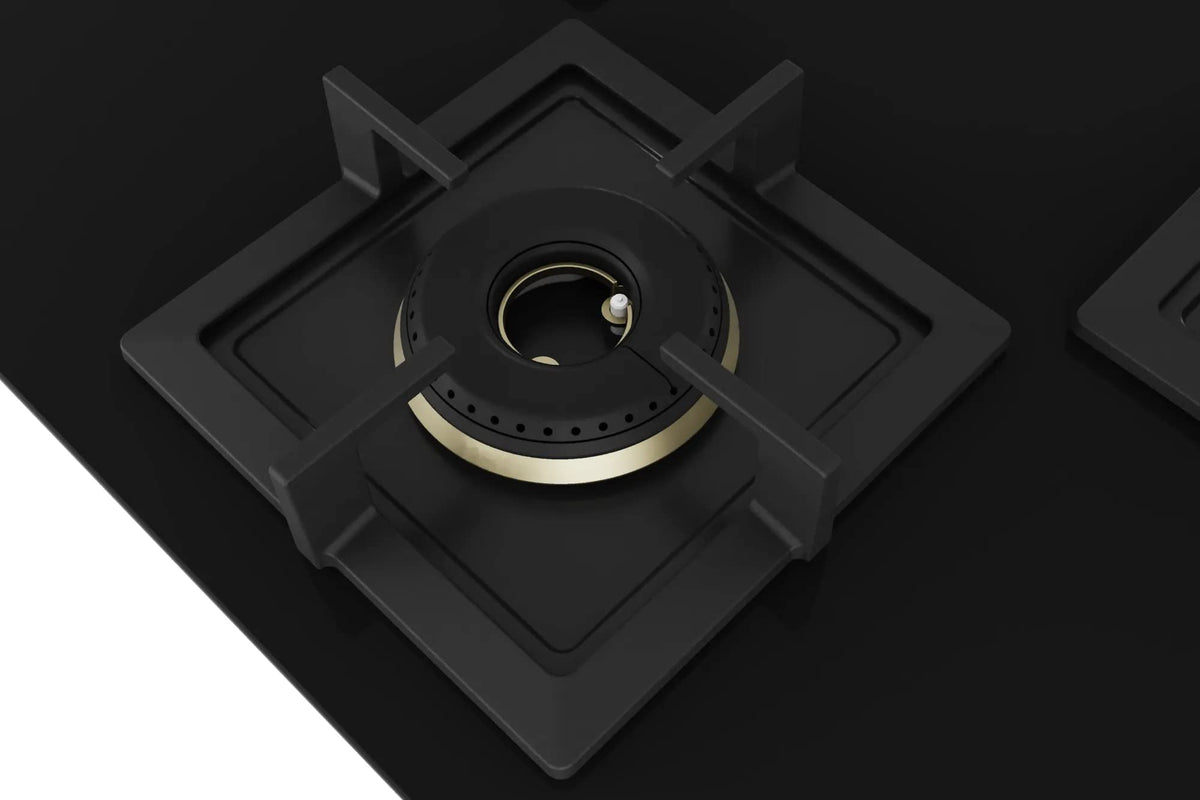 Bosch Built in Gas Hob Black Tempered glass Glass 3 Burner Auto Ignition 75 cm Full Brass 3D Ring Burners with Matt Black Heat Shields & Cast Iron pan supports (PND7B6G20I) 