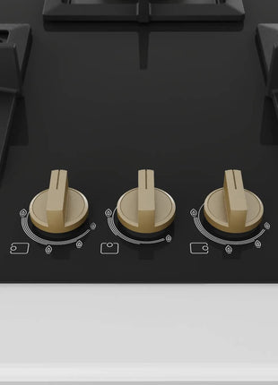 Bosch Built in Gas Hob Black Tempered glass Glass 3 Burner Auto Ignition 75 cm Full Brass 3D Ring Burners with Matt Black Heat Shields & Cast Iron pan supports (PND7B6G20I) 