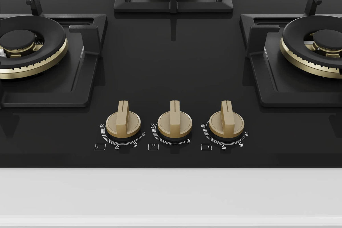 Bosch Built in Gas Hob Black Tempered glass Glass 3 Burner Auto Ignition 75 cm Full Brass 3D Ring Burners with Matt Black Heat Shields & Cast Iron pan supports (PND7B6G20I) 