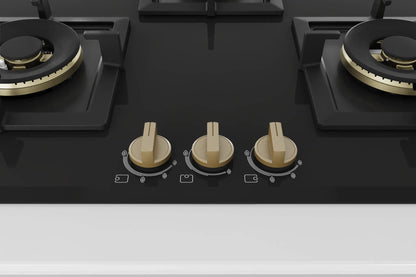 Bosch Built in Gas Hob Black Tempered glass Glass 3 Burner Auto Ignition 75 cm Full Brass 3D Ring Burners with Matt Black Heat Shields & Cast Iron pan supports (PND7B6G20I) 