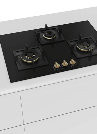 Bosch Built in Gas Hob Black Tempered glass Glass 3 Burner Auto Ignition 75 cm Full Brass 3D Ring Burners with Matt Black Heat Shields & Cast Iron pan supports (PND7B6G20I) 