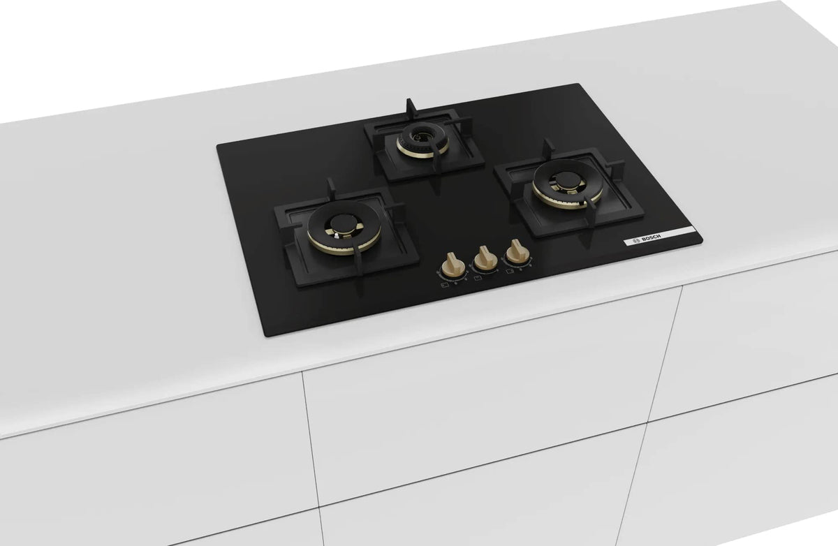 Bosch Built in Gas Hob Black Tempered glass Glass 3 Burner Auto Ignition 75 cm Full Brass 3D Ring Burners with Matt Black Heat Shields & Cast Iron pan supports (PND7B6G20I) 