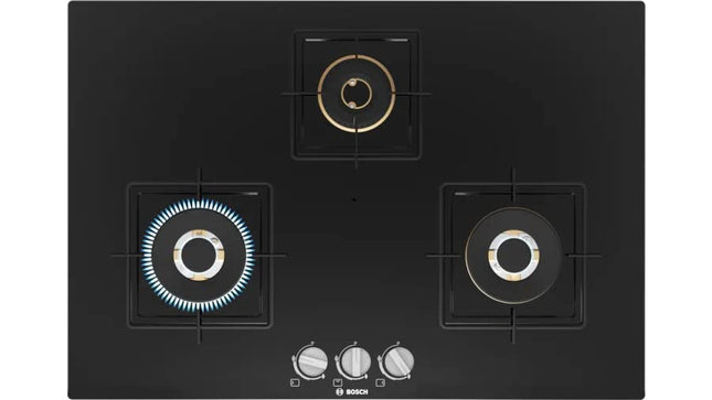 Bosch Built in Gas Hob Black Tempered glass Glass 3 Burner Auto Ignition 75 cm True Brass 2D Ring Burners with Glossy Black Heat Shields & Enameld pan supports (PND7B6F10I) 