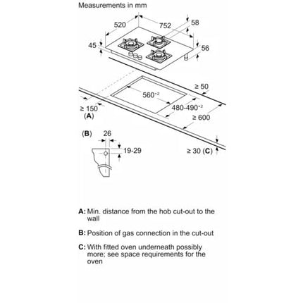 Bosch Built in Gas Hob Black Tempered glass Glass 3 Burner Auto Ignition 75 cm True Brass 2D Ring Burners with Glossy Black Heat Shields & Enameld pan supports (PND7B6F10I) 