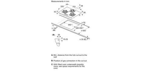 Bosch Built in Gas Hob Black Tempered glass Glass 3 Burner Auto Ignition 75 cm True Brass 2D Ring Burners with Glossy Black Heat Shields & Enameld pan supports (PND7B6F10I) 