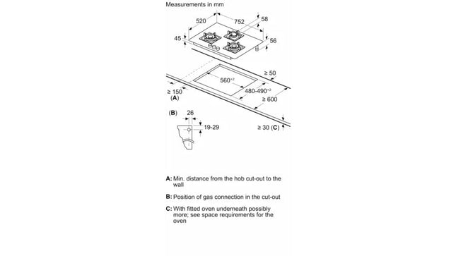 Bosch Built in Gas Hob Black Tempered glass Glass 3 Burner Auto Ignition 75 cm True Brass 2D Ring Burners with Glossy Black Heat Shields & Enameld pan supports (PND7B6F10I) 